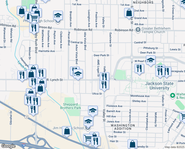 map of restaurants, bars, coffee shops, grocery stores, and more near 1151 Biloxi Street in Jackson
