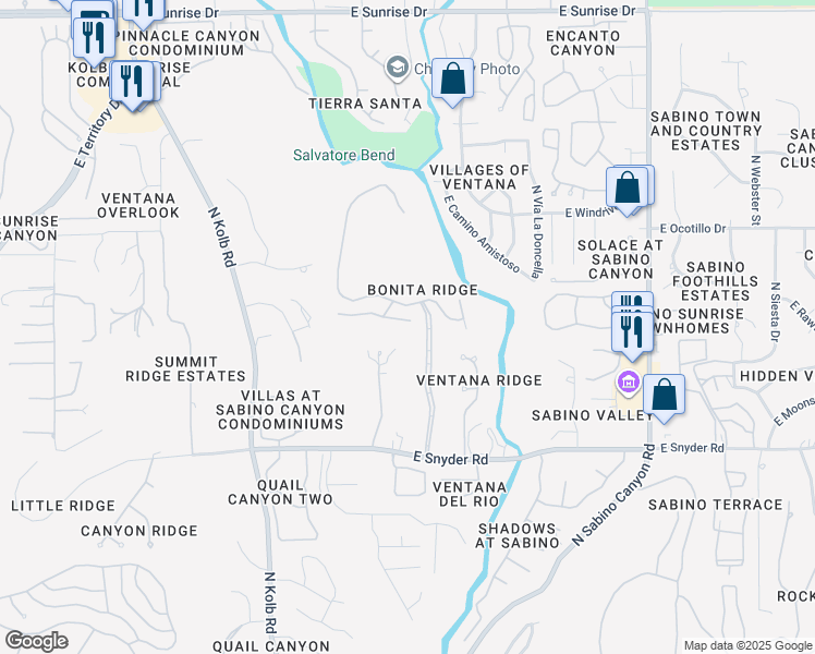 map of restaurants, bars, coffee shops, grocery stores, and more near 7462 East Valley Lights Place in Tucson