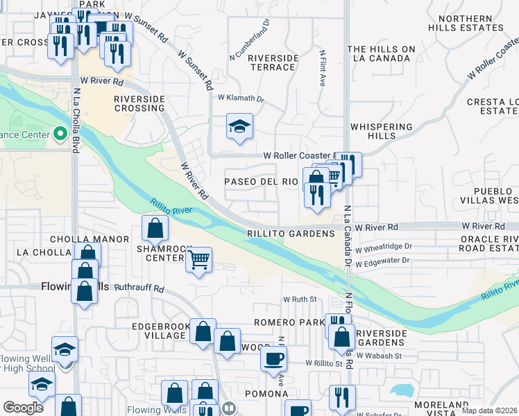 map of restaurants, bars, coffee shops, grocery stores, and more near 1599 West Homecoming Way in Tucson