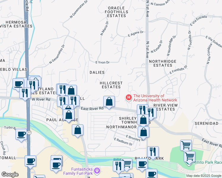map of restaurants, bars, coffee shops, grocery stores, and more near 5053 North Hillcrest Drive in Tucson