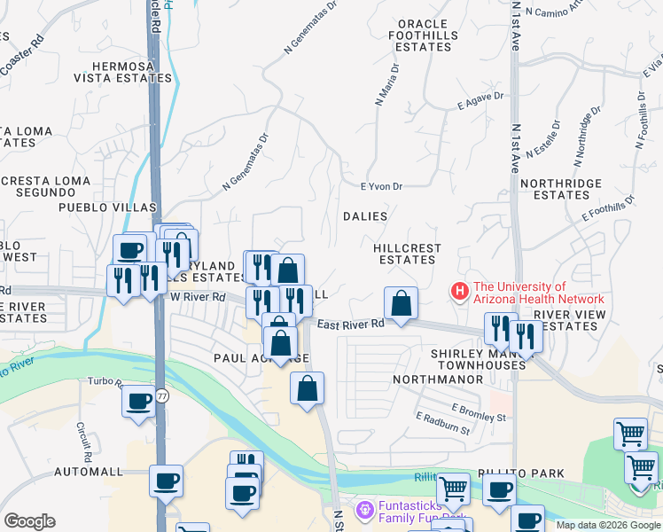 map of restaurants, bars, coffee shops, grocery stores, and more near 30 West Stone Loop in Tucson