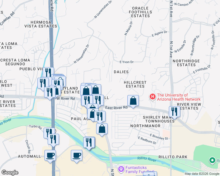 map of restaurants, bars, coffee shops, grocery stores, and more near 30 West Stone Loop in Tucson