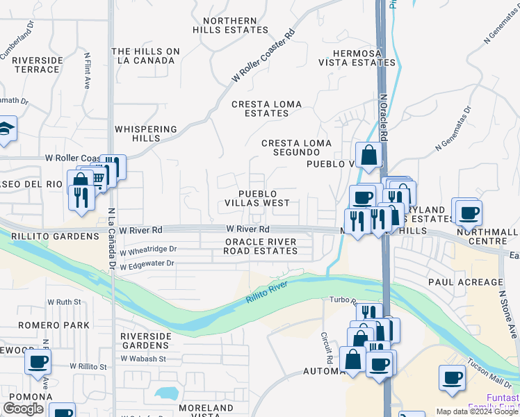 map of restaurants, bars, coffee shops, grocery stores, and more near 967 West Lyman Lane in Tucson