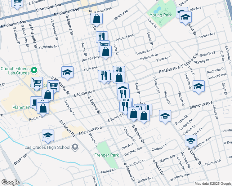 map of restaurants, bars, coffee shops, grocery stores, and more near 1335 South Solano Drive in Las Cruces