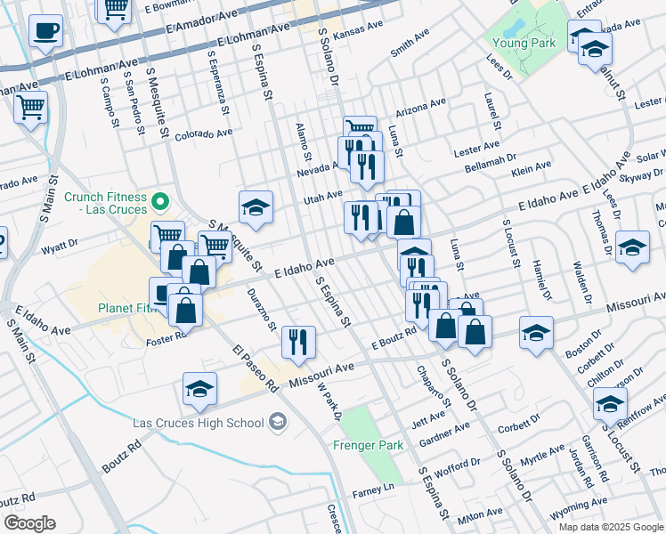 map of restaurants, bars, coffee shops, grocery stores, and more near 1015 Foster Road in Las Cruces