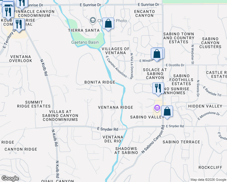 map of restaurants, bars, coffee shops, grocery stores, and more near 4956 North Ventana Ridge Place in Tucson