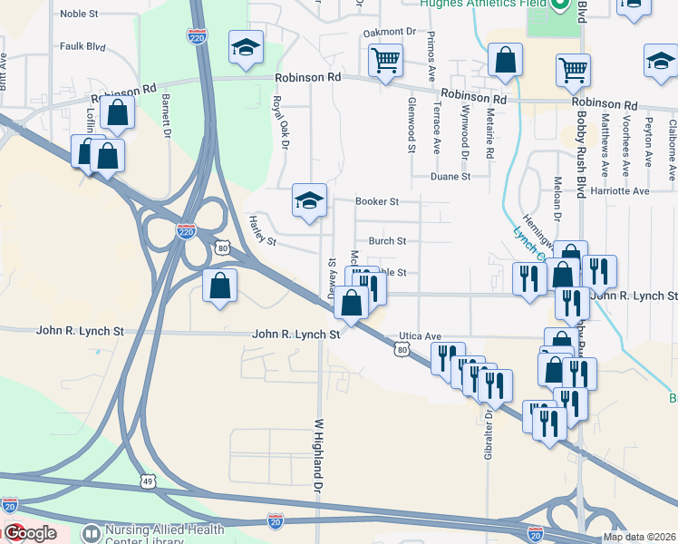 map of restaurants, bars, coffee shops, grocery stores, and more near 3320 U.S. 80 in Jackson