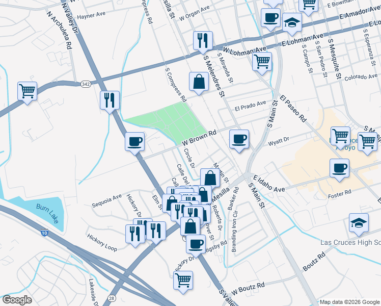map of restaurants, bars, coffee shops, grocery stores, and more near 1185 Circle Drive in Las Cruces