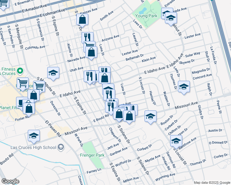 map of restaurants, bars, coffee shops, grocery stores, and more near 1525 Foster Road in Las Cruces