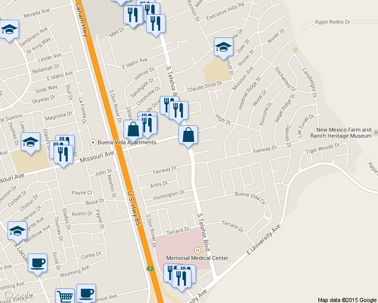 map of restaurants, bars, coffee shops, grocery stores, and more near 2898 Fairway Drive in Las Cruces