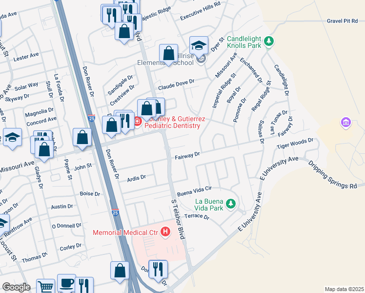 map of restaurants, bars, coffee shops, grocery stores, and more near 2930 Fairway Drive in Las Cruces