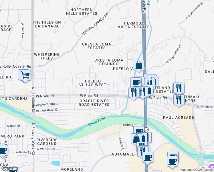 map of restaurants, bars, coffee shops, grocery stores, and more near 5036 North River Crossing Lane in Tucson