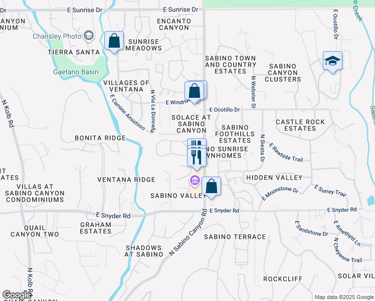 map of restaurants, bars, coffee shops, grocery stores, and more near 7807 East Sabino Hollow Court in Tucson
