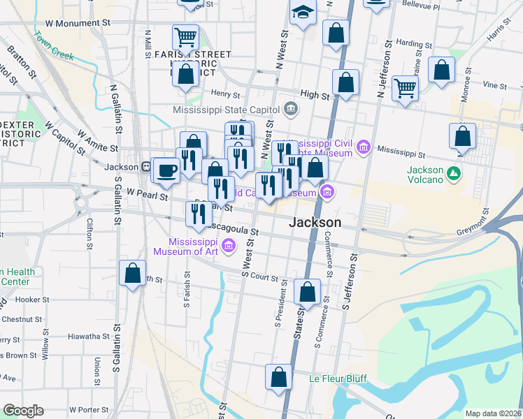 map of restaurants, bars, coffee shops, grocery stores, and more near 308 East Pearl Street in Jackson