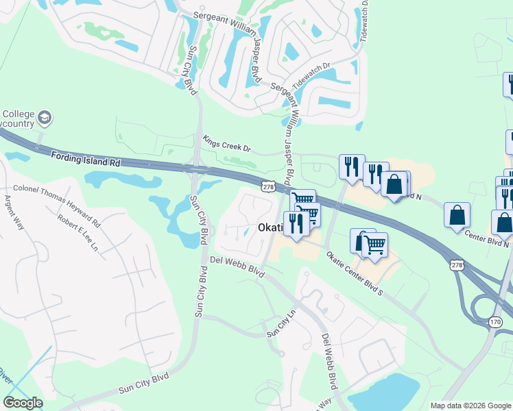 map of restaurants, bars, coffee shops, grocery stores, and more near 63 Purry Circle in Bluffton