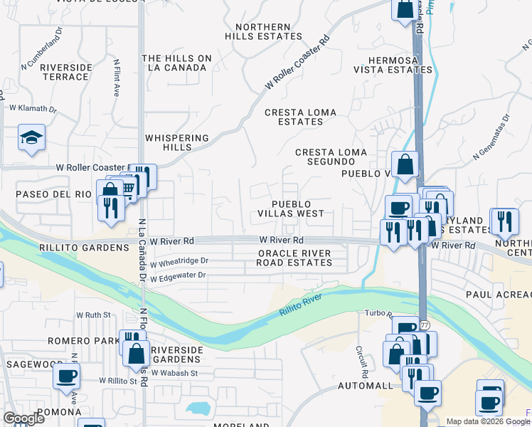 map of restaurants, bars, coffee shops, grocery stores, and more near 1057 West Sea Lion Drive in Tucson