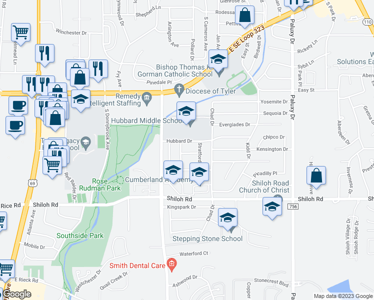 map of restaurants, bars, coffee shops, grocery stores, and more near 1120 Lancashire Drive in Tyler