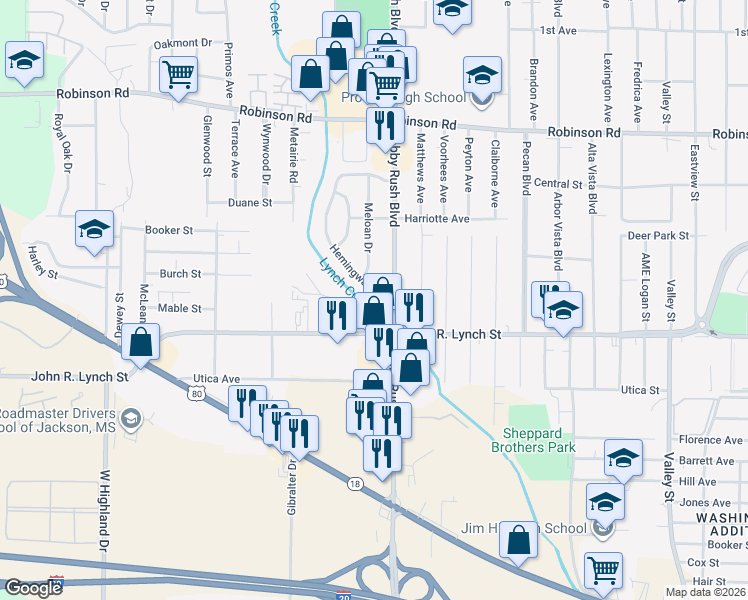 map of restaurants, bars, coffee shops, grocery stores, and more near 1143 Ellis Avenue in Jackson