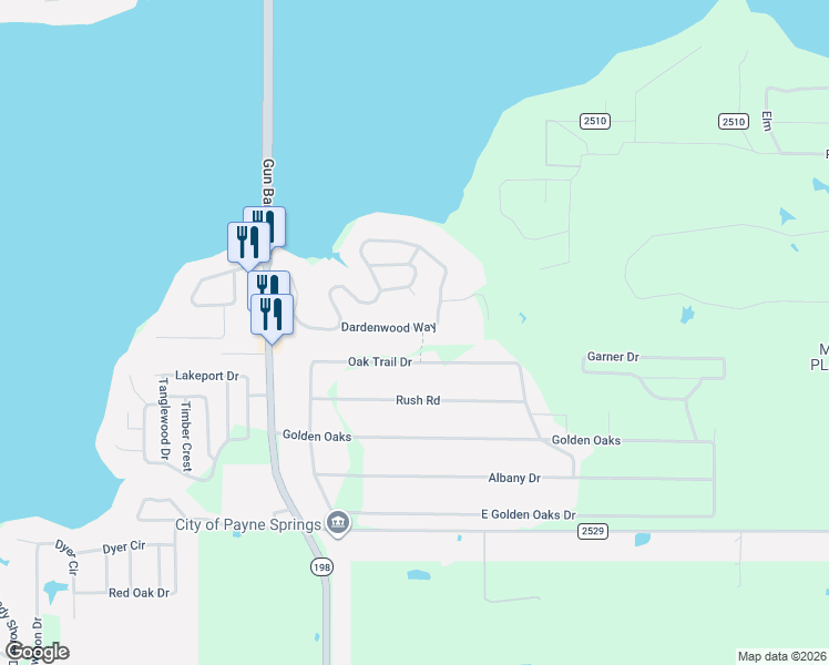 map of restaurants, bars, coffee shops, grocery stores, and more near 129 Dardenwood Way in Mabank