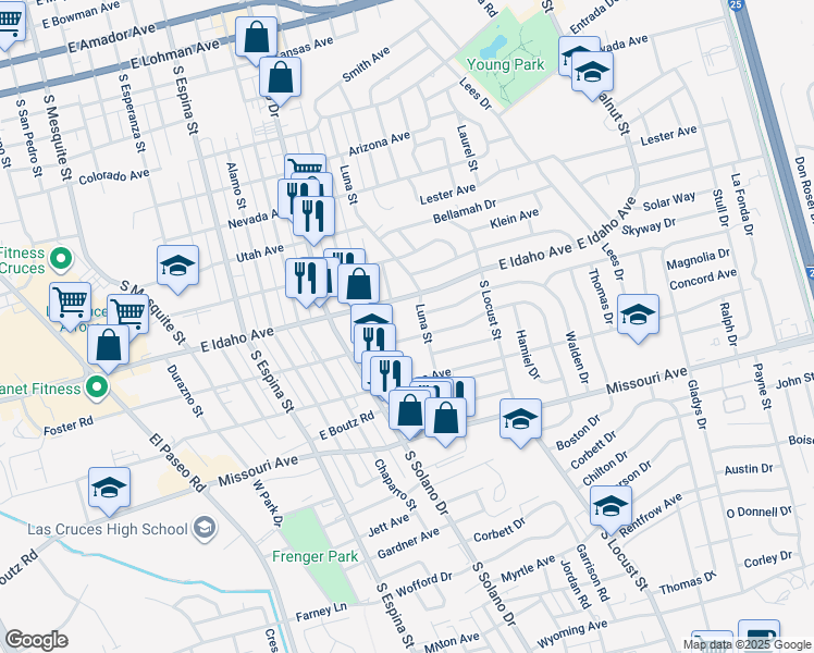 map of restaurants, bars, coffee shops, grocery stores, and more near 1308 Luna Street in Las Cruces
