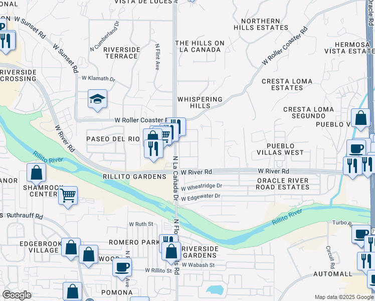 map of restaurants, bars, coffee shops, grocery stores, and more near 1341 West Yaqui Drive in Tucson