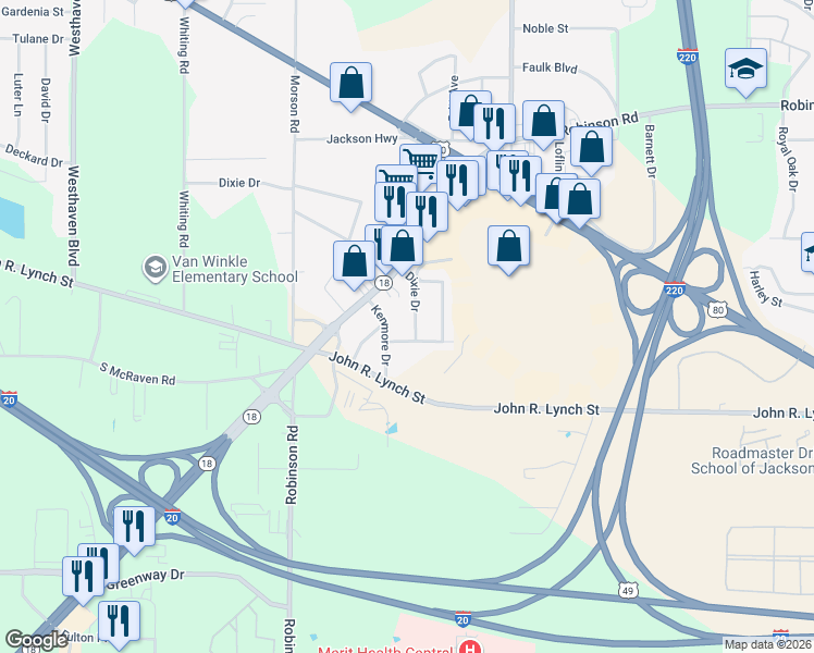 map of restaurants, bars, coffee shops, grocery stores, and more near 1734 Dixie Drive in Jackson