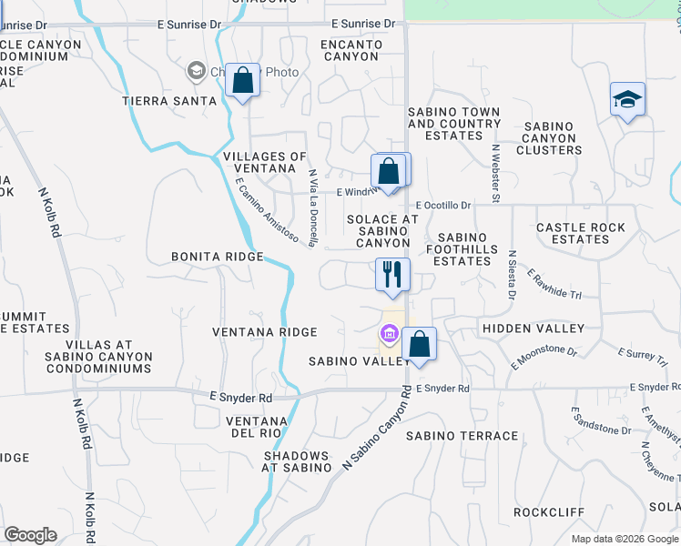 map of restaurants, bars, coffee shops, grocery stores, and more near 5051 North Sabino Canyon Road in Tucson