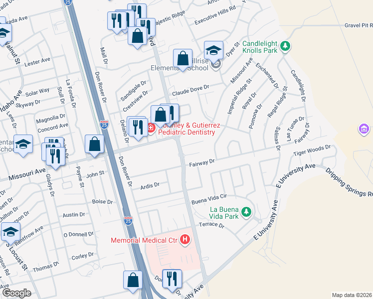 map of restaurants, bars, coffee shops, grocery stores, and more near 2925 Valle Vista in Las Cruces