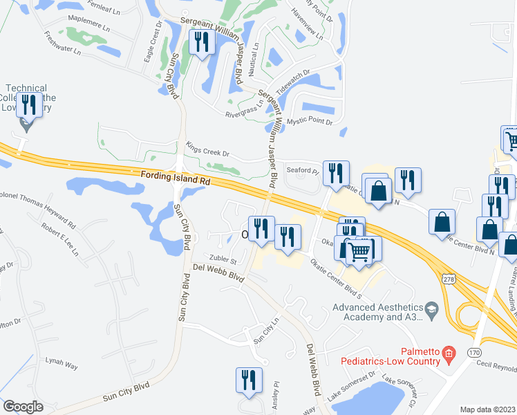 map of restaurants, bars, coffee shops, grocery stores, and more near Fording Island Rd in Okatie
