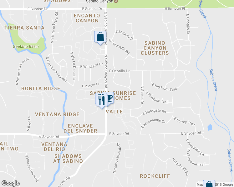 map of restaurants, bars, coffee shops, grocery stores, and more near 7938 East Sabino Sunrise Circle in Tucson