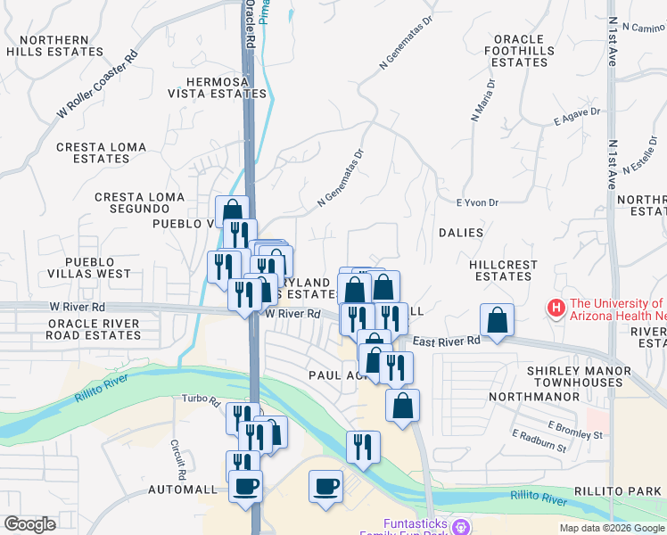 map of restaurants, bars, coffee shops, grocery stores, and more near 72 West River Road in Tucson