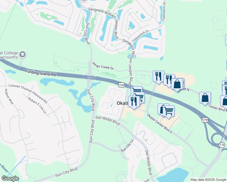map of restaurants, bars, coffee shops, grocery stores, and more near 104 Arango Court in Bluffton
