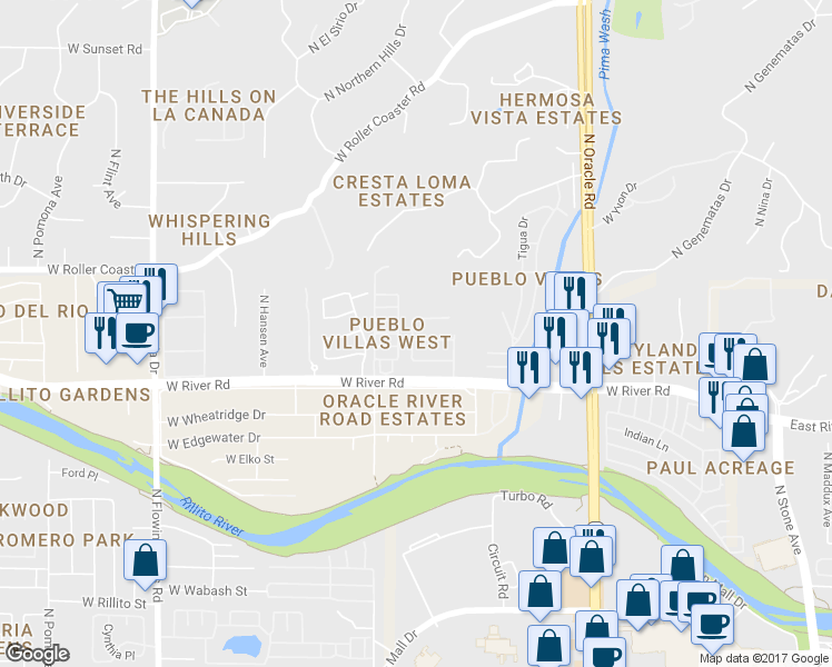 map of restaurants, bars, coffee shops, grocery stores, and more near 930 West Clear River Street in Tucson