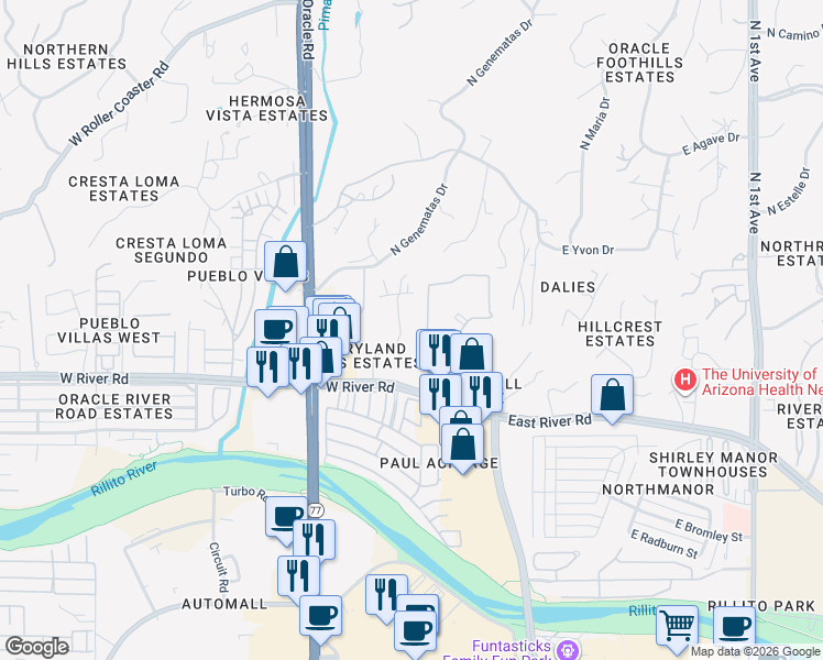 map of restaurants, bars, coffee shops, grocery stores, and more near 72 West River Road in Tucson