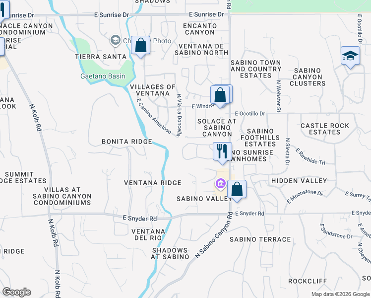 map of restaurants, bars, coffee shops, grocery stores, and more near 5051 North Sabino Canyon Road in Tucson
