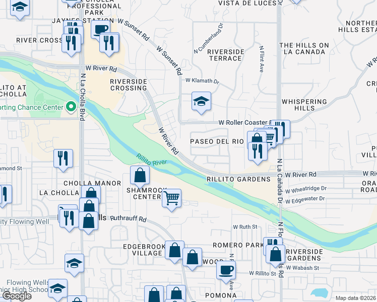 map of restaurants, bars, coffee shops, grocery stores, and more near 5097 North Cliffed River Drive in Tucson