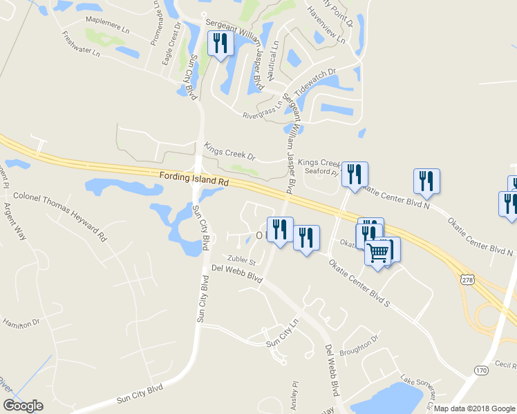 map of restaurants, bars, coffee shops, grocery stores, and more near 101 Arango Court in Bluffton