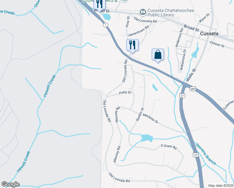 map of restaurants, bars, coffee shops, grocery stores, and more near Patty Drive in Cusseta