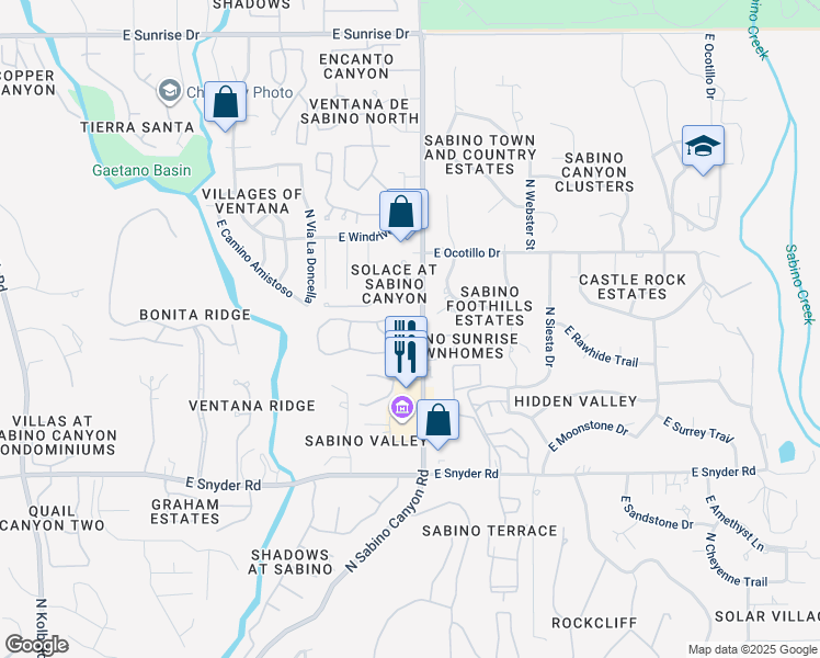 map of restaurants, bars, coffee shops, grocery stores, and more near 5051 North Sabino Canyon Road in Tucson