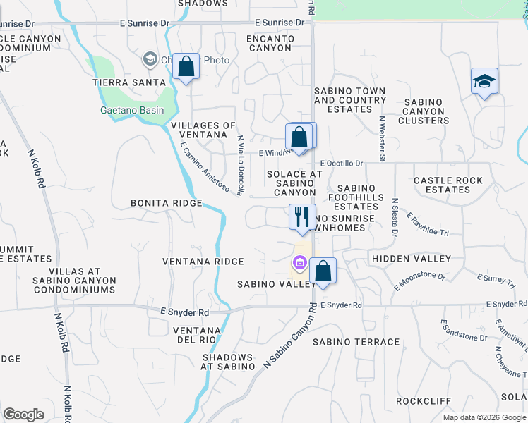 map of restaurants, bars, coffee shops, grocery stores, and more near 5051 North Sabino Canyon Road in Tucson