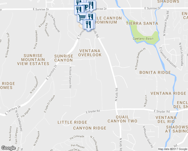 map of restaurants, bars, coffee shops, grocery stores, and more near 5251 North Mountain Terrace Road in Tucson