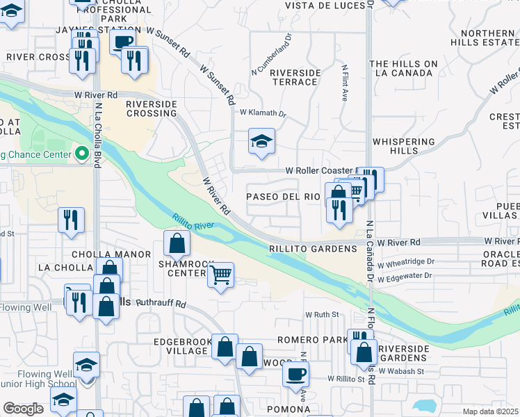 map of restaurants, bars, coffee shops, grocery stores, and more near 1668 West Green Thicket Way in Tucson