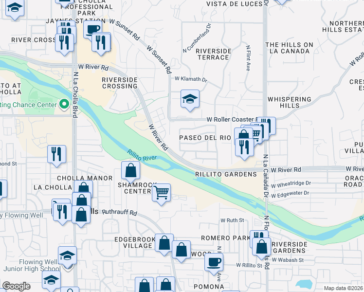 map of restaurants, bars, coffee shops, grocery stores, and more near 5097 North Cliffed River Drive in Tucson