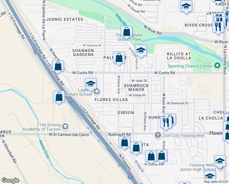 map of restaurants, bars, coffee shops, grocery stores, and more near 5051 North Davis Avenue in Tucson