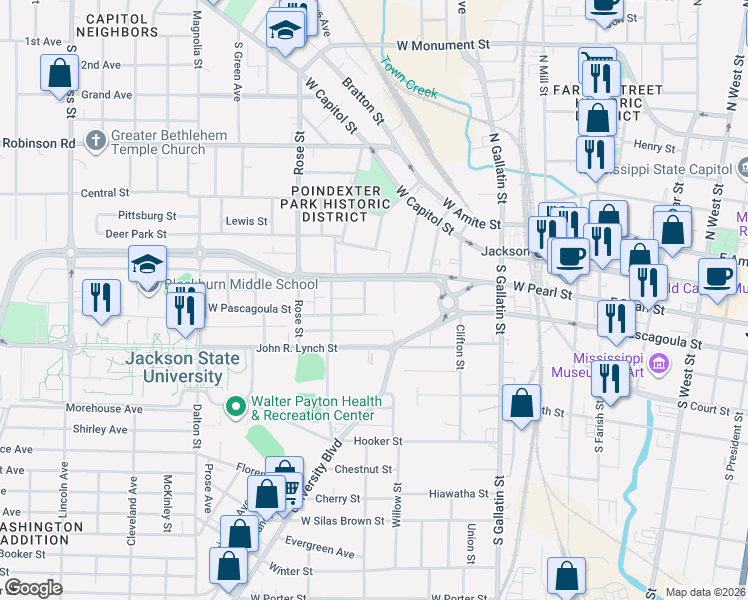 map of restaurants, bars, coffee shops, grocery stores, and more near 719 West Pearl Street in Jackson