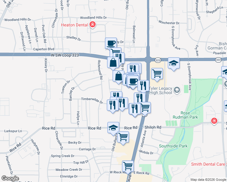 map of restaurants, bars, coffee shops, grocery stores, and more near 418 Boyd Lane in Tyler
