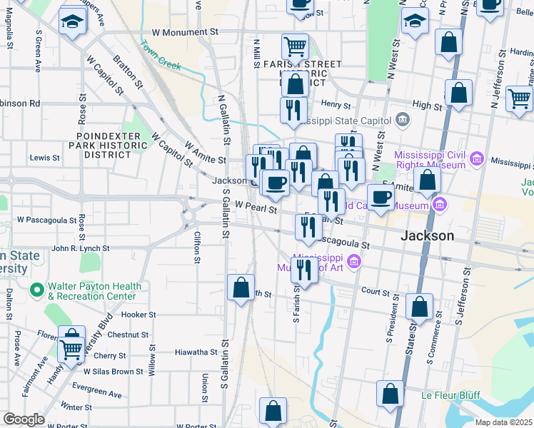 map of restaurants, bars, coffee shops, grocery stores, and more near 221 West Pearl Street in Jackson