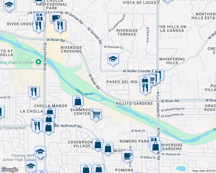 map of restaurants, bars, coffee shops, grocery stores, and more near 5097 North Cliffed River Drive in Tucson