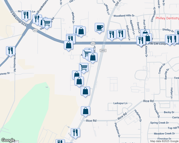map of restaurants, bars, coffee shops, grocery stores, and more near 4501 DC Drive in Tyler