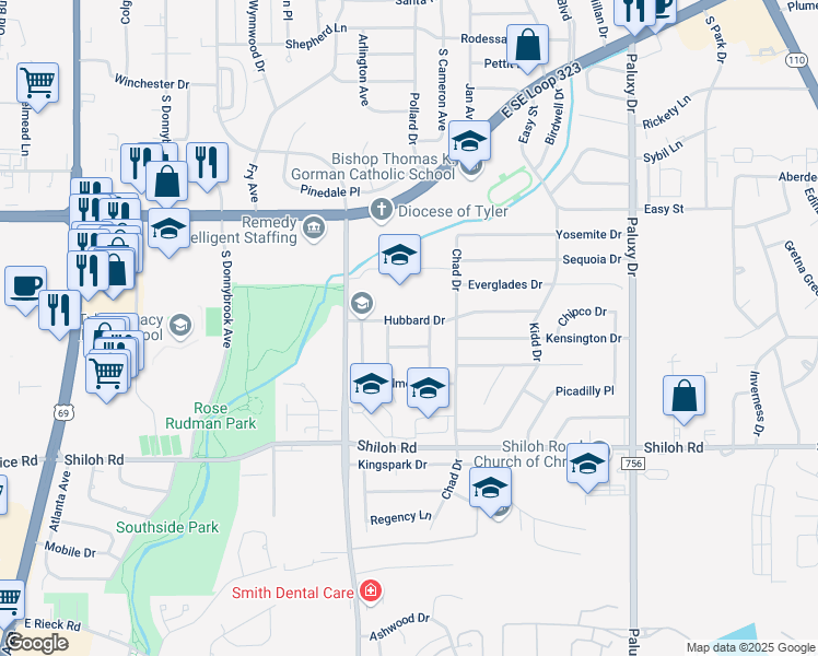 map of restaurants, bars, coffee shops, grocery stores, and more near 1201 Hubbard Drive in Tyler